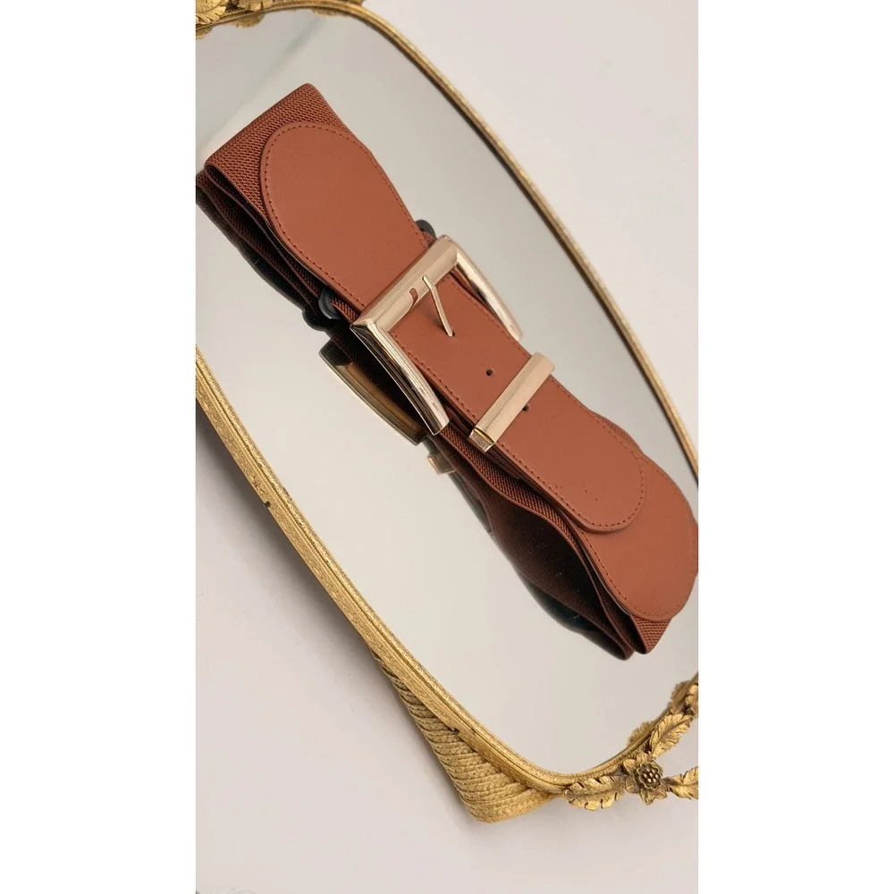 Vintage Cognac Brown Wide Elastic Cinch Belt Gold Buckle Size S/M New